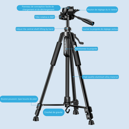 Trépied Photo Vidéo – Hauteur Ajustable 45 cm à 140 cm, Léger et Portable