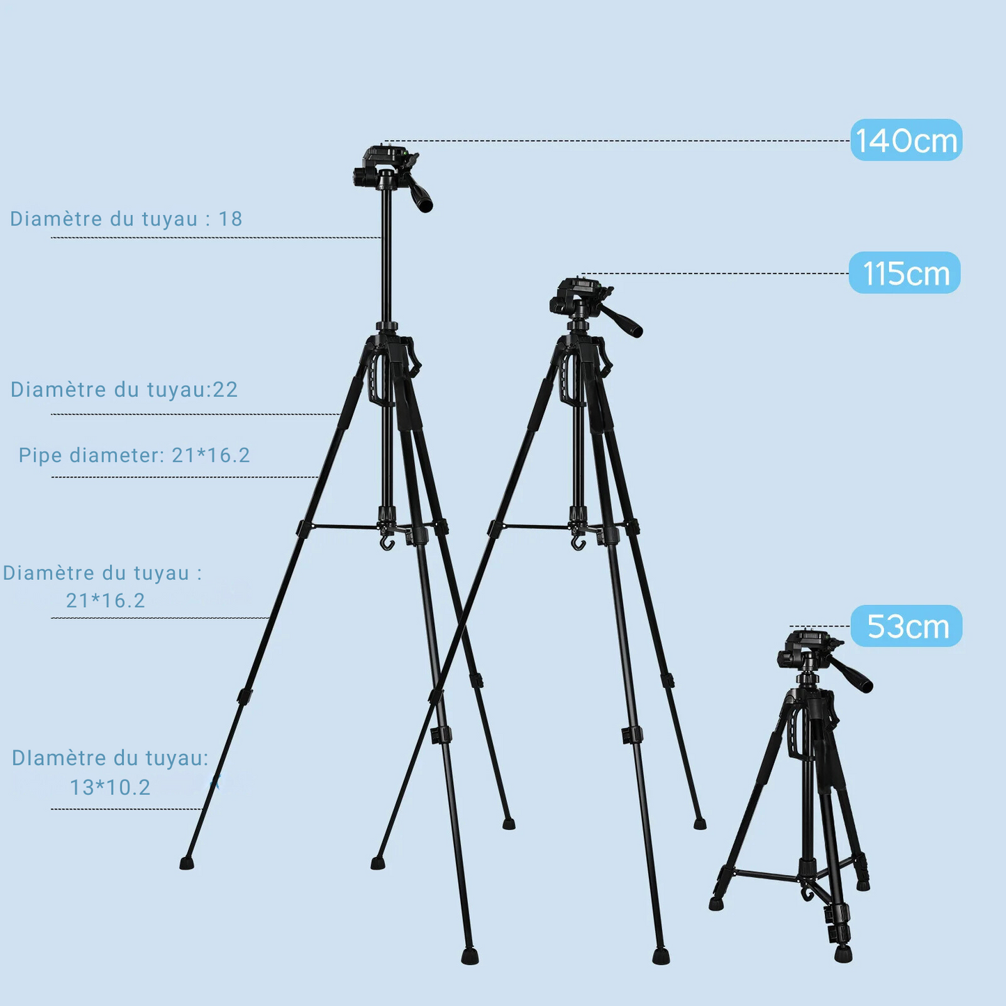 Trépied Photo Vidéo – Hauteur Ajustable 45 cm à 140 cm, Léger et Portable
