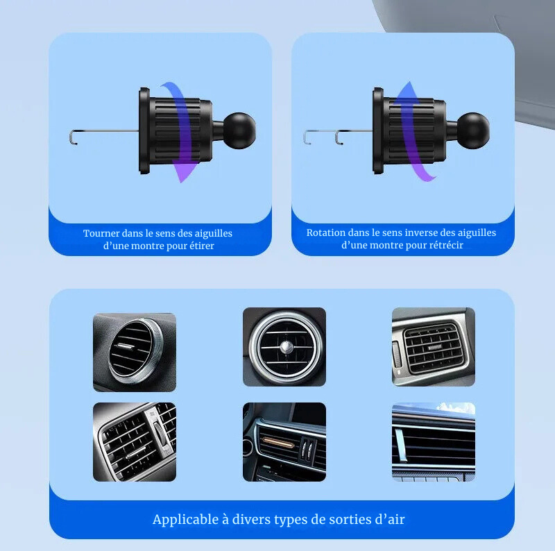 Support de Téléphone Universel pour Voiture – Fixation Grille d'Aération, Rotation Ajustable