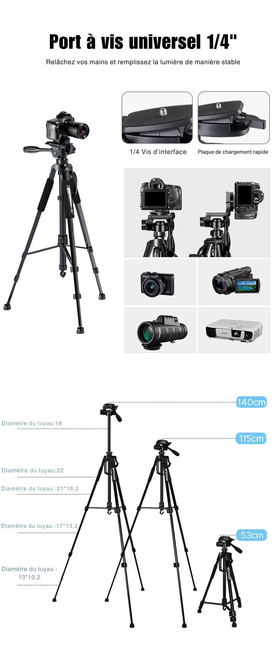 Trépied Photo Vidéo – Hauteur Ajustable 45 cm à 140 cm, Léger et Portable